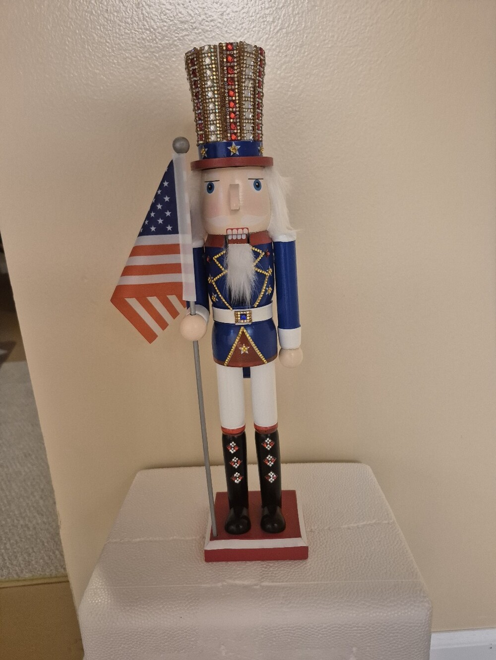 Patriotic Blue & Red Nutcracker Holding American Flag